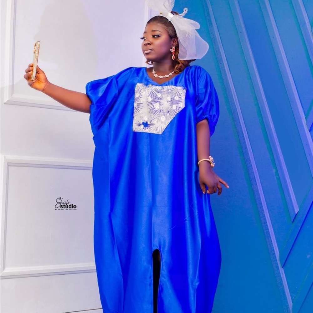 Vibrant Blue Kaftan Dress with Silver Embellishment